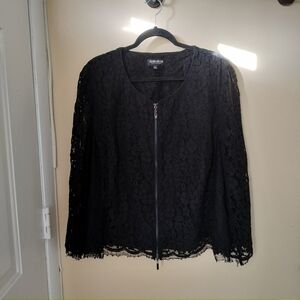 John Meyers 22W Black Lace Lined Zip Up Jacket Sheer Bell Sleeve Wedding Guest